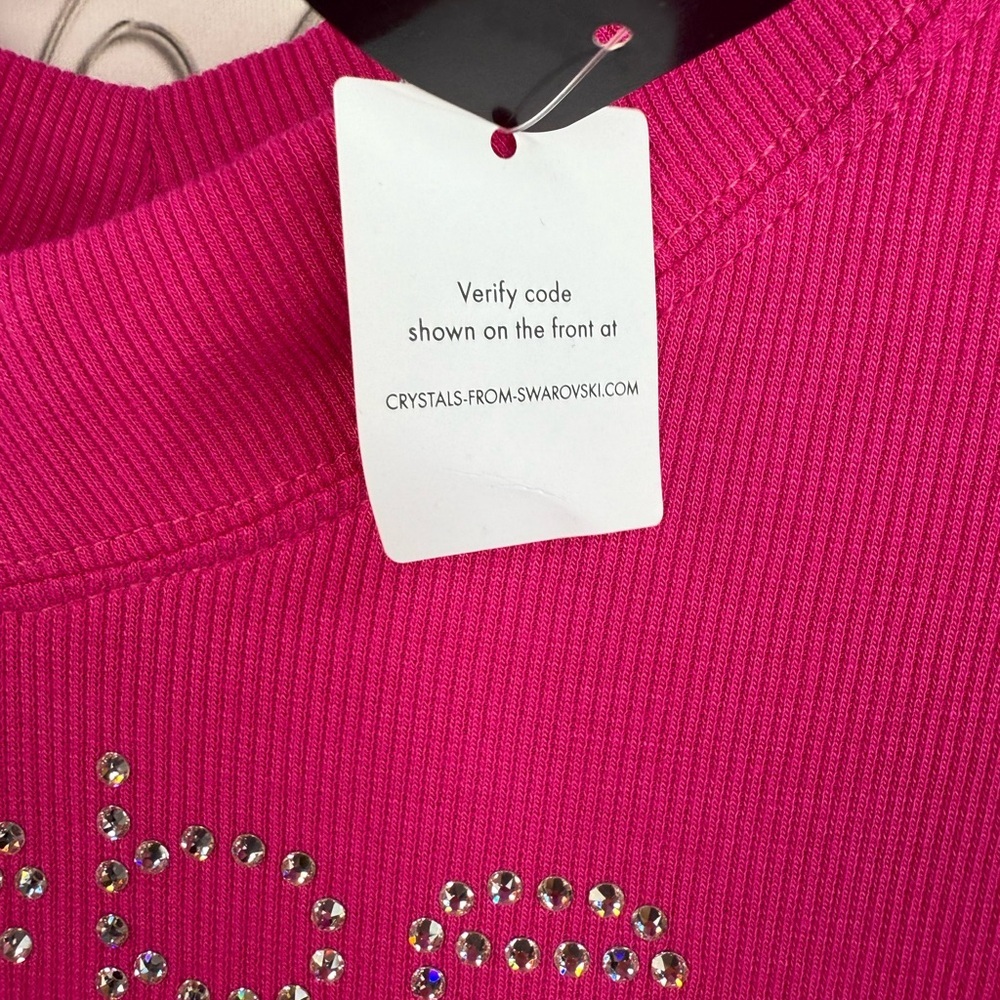 Bebe Swarovski T-shirt rhinestone bling brand new Y2K Women's Fuchsia V-Neck Tee - Picture 10 of 15